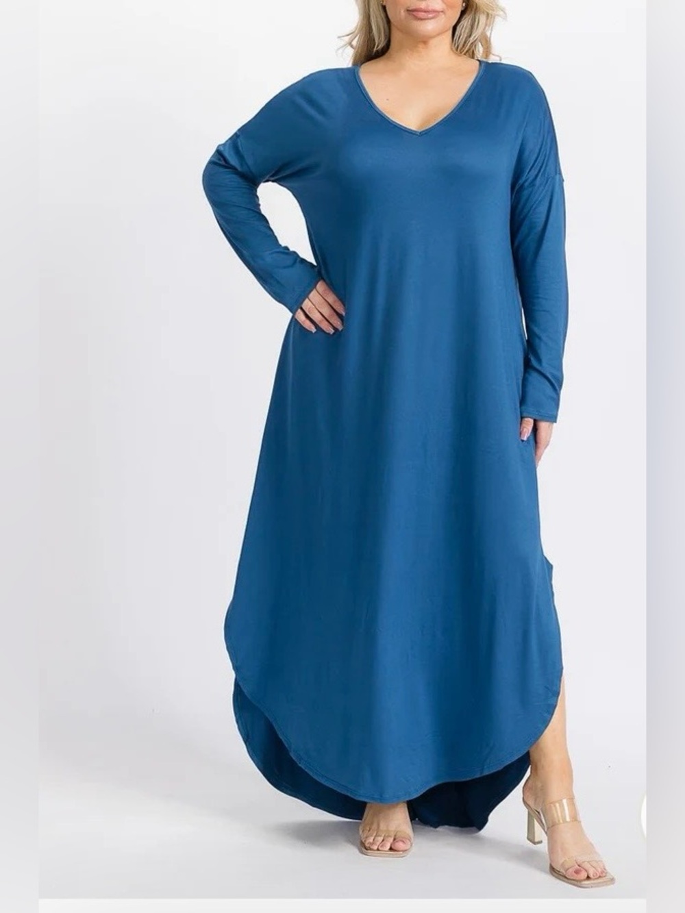 0255.  V-Neck Long Sleeve Maxi Dress in Teal Blue